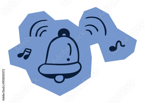 Hand drawn ringing bell with music notes on blue abstract shape for scrapbook and journal. Vector illustration design.