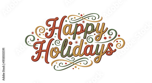 Colorful Happy Holidays typographic design with swirling patterns.