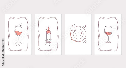 Minimalist Wine Glass, Candle, and Plate Line Art Set