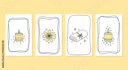 Spa background cards with candle, flower and rolled towel illustration