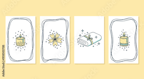 Spa and Wellness Icons: Candle, Flower, Rolled Towel on White Background