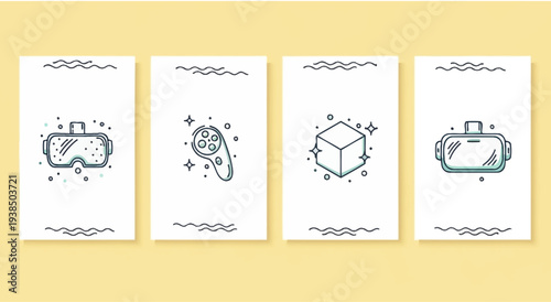 Virtual Reality Icons: VR Headset, Game Controller, 3D Cube on Pastel Yellow Background