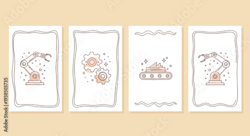 Robotic arm, conveyor belt, gears, industrial automation, manufacturing process illustration