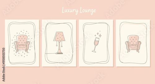 Luxury Lounge Decor Set: Armchair, Lamp, Champagne Glass Icons