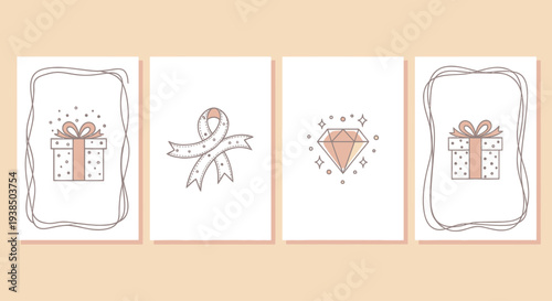 Gift Box, Ribbon, Diamond and Sparkle Icons on Beige Background