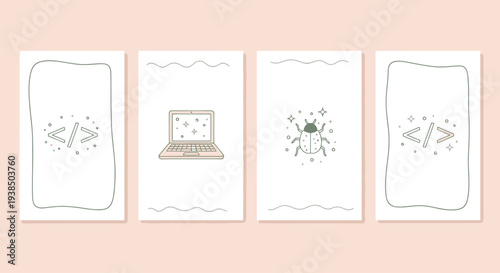 Computer Coding and Debugging Concept - Laptop, Bug Icon, Code Symbols