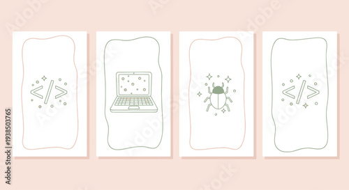 Coding and Debugging Concept: Laptop, Code Brackets, and Bug Icon