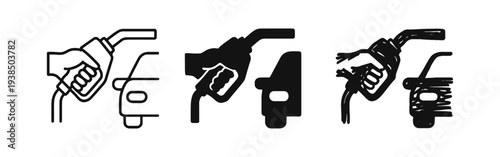 Hand holding fuel pump nozzle in a car icon set. Gasoline and petrol refueling station symbol.