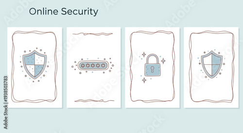 Online Security Concept: Shield, Password, Padlock Icons on Light Blue Background