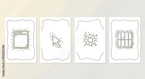 Digital Interface Icons: Window, Cursor, Gear, and Window Pane Design