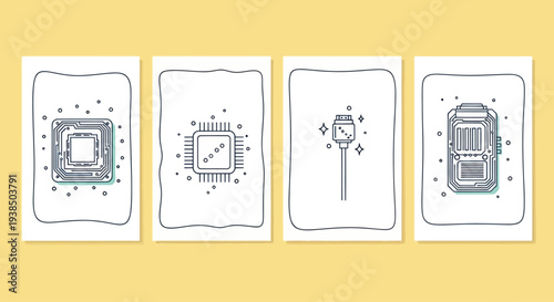 Technology Icons: CPU, Charger Cable, Battery, Microchip - Digital Art
