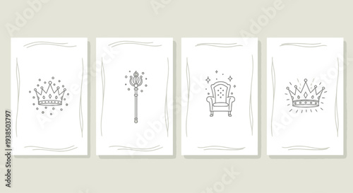 Royalty Icons: Crown, Scepter, Throne, and Jewels - Minimalist Line Art