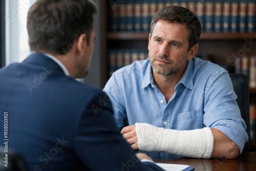 Injured man with arm cast talking to attorney. Serious consultation regarding personal injury claim or insurance. Suitable for legal services and healthcare websites.