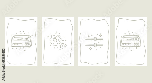 Conceptual icons: calculator, gears, sliders, and dashboard on beige background