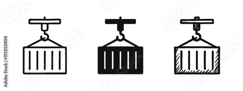 Shipping container lifted by crane hook icon set. Global logistics, cargo, and freight transport symbol.