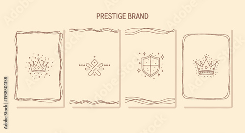Prestige Brand Icons: Crown, Emblem, Shield, and Crown on Beige Background