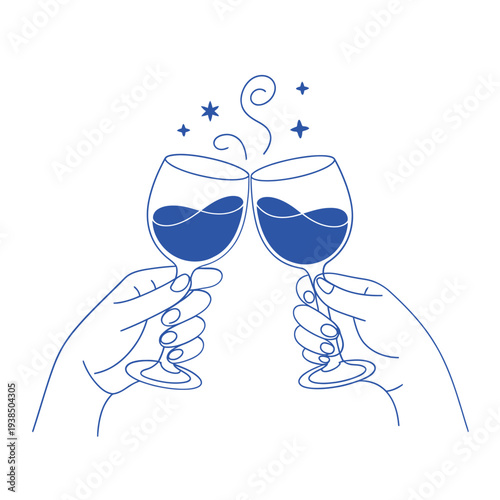 Two hands holding wine glasses in a toast with sparkling star accents