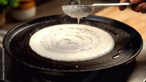 Preparing Dosa Batter on Hot Tawa Indian Cuisine Cooking Process