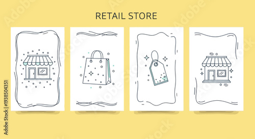 Retail Store Icons Set: Shop, Shopping Bag, Price Tag, Storefront - Hand Drawn Style