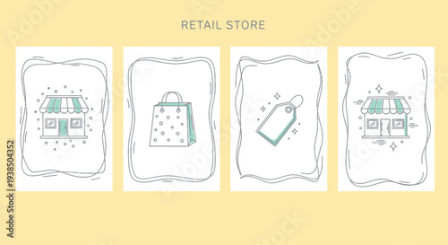 Retail Store Icons: Shop, Bag, Tag, and Storefront - Vector Graphics