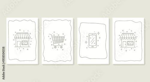 Online Shopping Icons: Store, Cart, Smartphone, Storefront