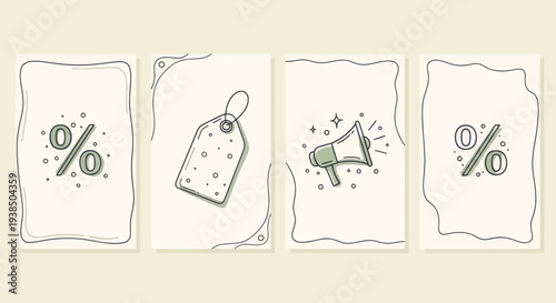 Set of discount icons: percentage, tag, megaphone. Hand-drawn vector illustration.