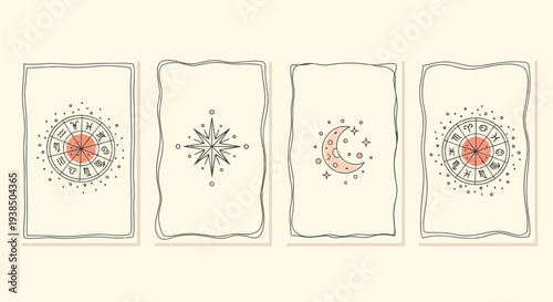 Esoteric Celestial Symbols: Zodiac Wheel, Compass, Crescent Moon, Stars
