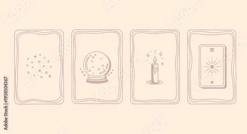 Mystic Tarot Cards Layout: Crystal Ball, Candle, Stars, Sun Symbol