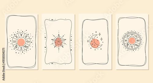 Astrology Zodiac Wheel, Moon, Stars, and Sun Icons on Vintage Cards