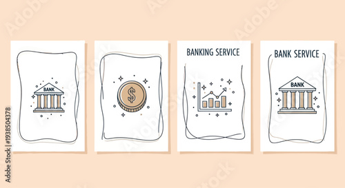 Financial Service Icons: Bank Building, Coin, and Growth Chart