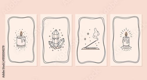 Esoteric Ritual Symbols: Candle, Crystals, Incense Sticks, Aura