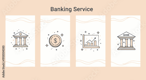 Banking Service Icons: Bank, Coin, Growth Chart, Bank Building on Pastel Background