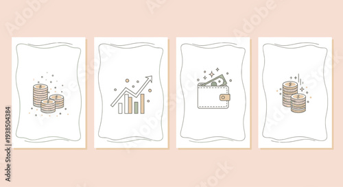 Financial Growth Icons: Coins, Wallet, and Upward Trend Chart