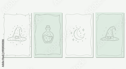 Mystical Hand Drawn Halloween Icons Set: Witch Hat, Potion Bottle, Moon, Stars