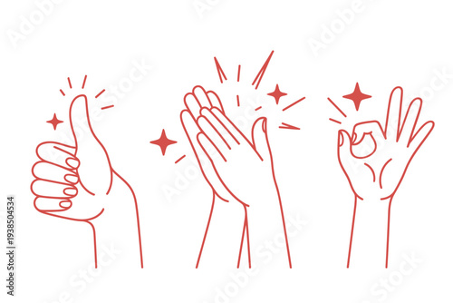 Hands displaying positive gestures thumbs up clapping and okay sign