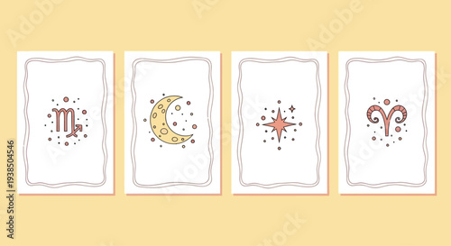 Zodiac Signs, Moon, and Star Illustrations on Cards