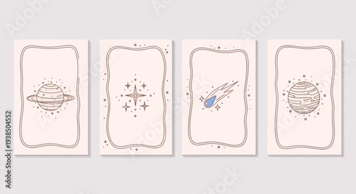 Celestial Cards: Planets, Stars, and Comet in a Minimalist Doodle Style