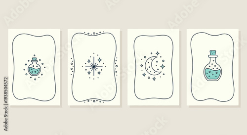 Mystical Symbols Set: Potion, Starburst, Moon, and Crystal Ball on Cream Background