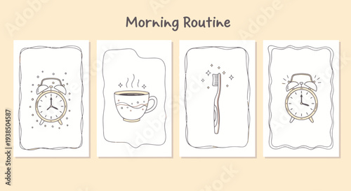 Morning Routine Icons: Alarm Clock, Coffee Cup, Toothbrush. Simple Doodle Style.