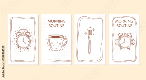 Morning Routine: Alarm Clock, Coffee Cup, Toothbrush - Minimalist Line Art