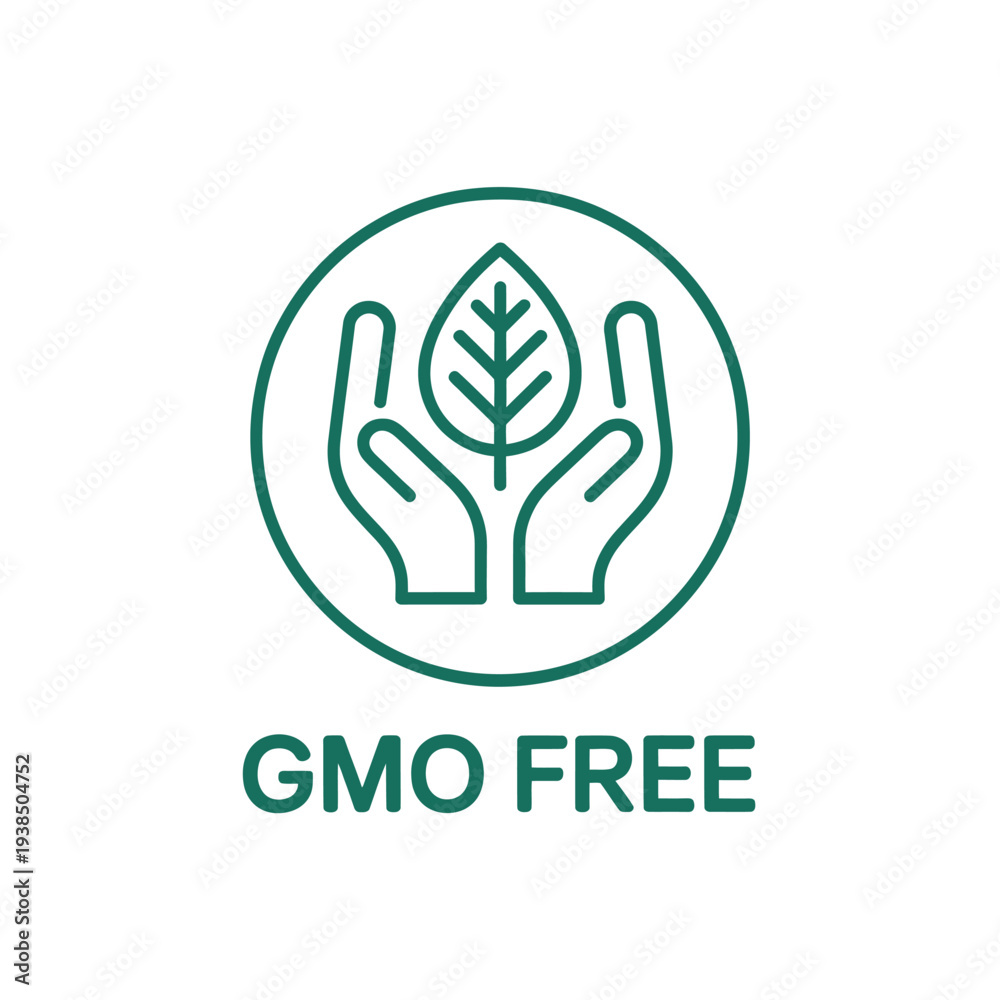 Fototapeta premium Hands cradling a leaf within a circle with GMO Free text below