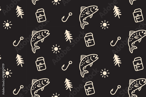 Fishing gear retro illustration seamless pattern on black background for outdoor. Angler fish and camping gear repeat pattern simple line for adventure. Pattern with fish, hook, backpack, tree, sun