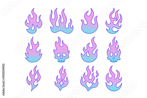 Gradient flame icon pack for gaming and digital interfaces. Stylized burning fire flame gradient modern symbol collection for creative element
