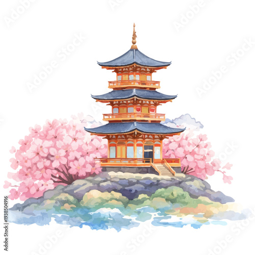 桜に囲まれた日本の五重塔水彩イラスト Japanese Pagoda with Cherry Blossoms Watercolor Illustration