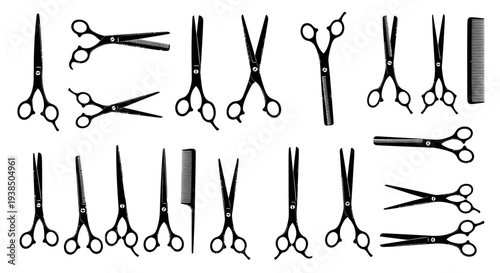 Collection of Black Scissors and Combs Silhouette Vector Illustration