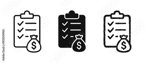 Financial Planning and Budget Checklist Icons Set. Clipboard with Checkmarks and Money Bag in Outline, Solid, and Hand-Drawn Styles.