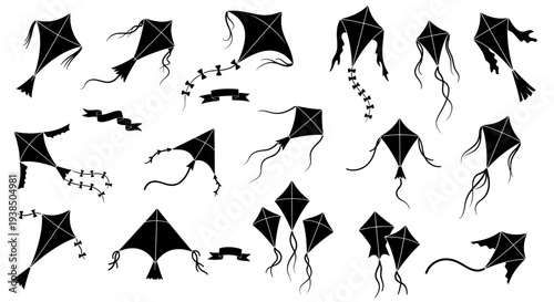 Collection of Black Silhouette Kites Flying on White Background, Vector Illustration