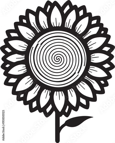 Blackandwhite illustration of a large sunflower with detailed petals and stem