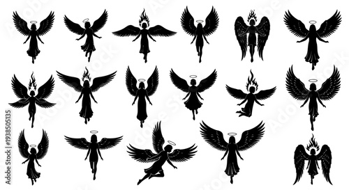 Collection of Black Angel Silhouettes with Wings and Halos, Mystical and Spiritual Icons