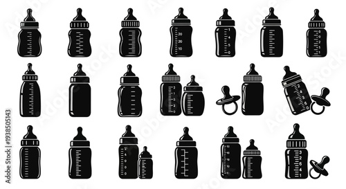 Collection of Black Baby Bottles and Pacifiers Isolated on White Background